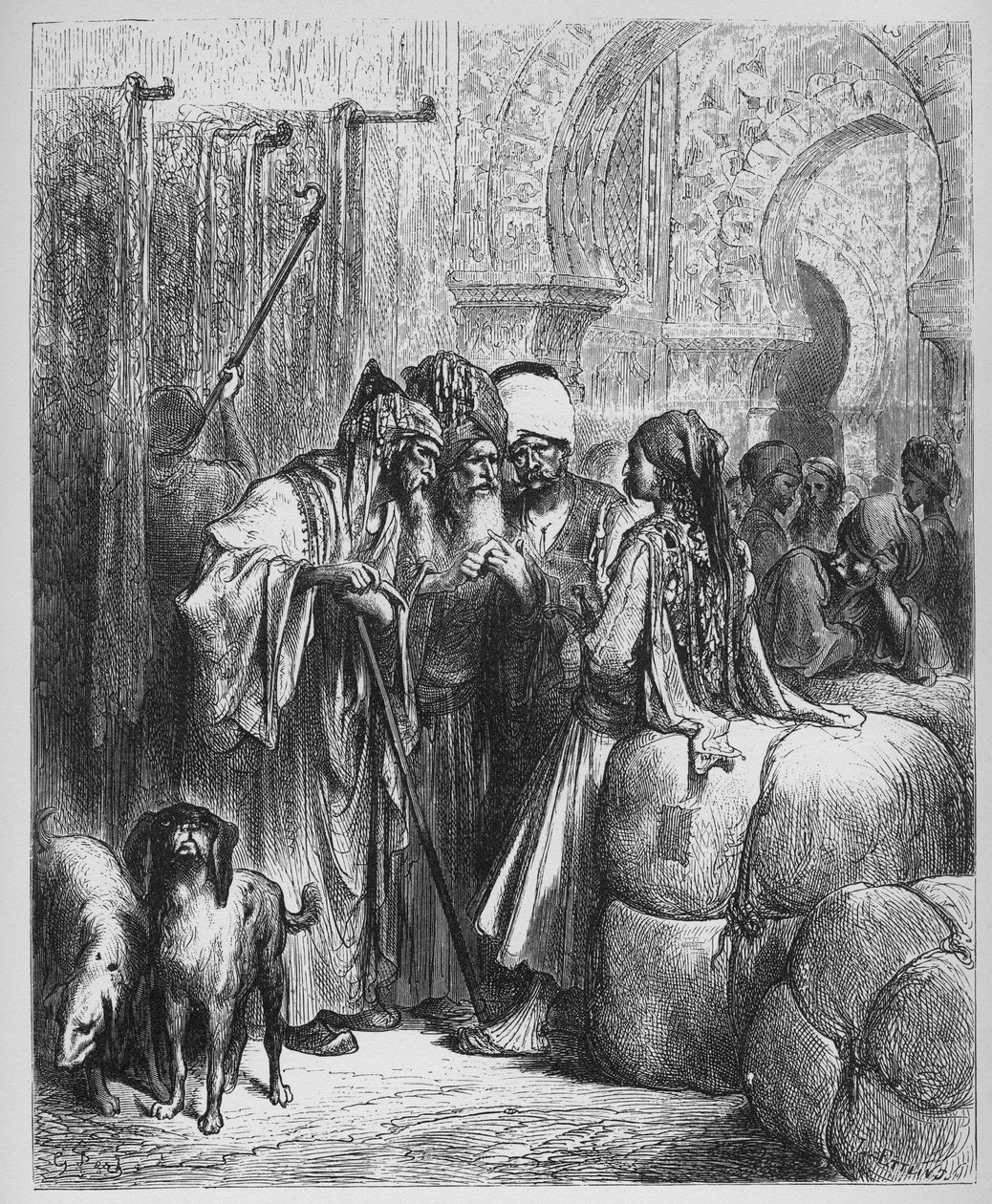 Le Bassa (pasha) et le Marchand - 来自Jean de La Fontaine (Lafontaine) (1621-95)的《寓言》--根据Gustave Dore (1832-83)的作品雕刻--私人收藏 作者 古斯塔夫（之后）多尔