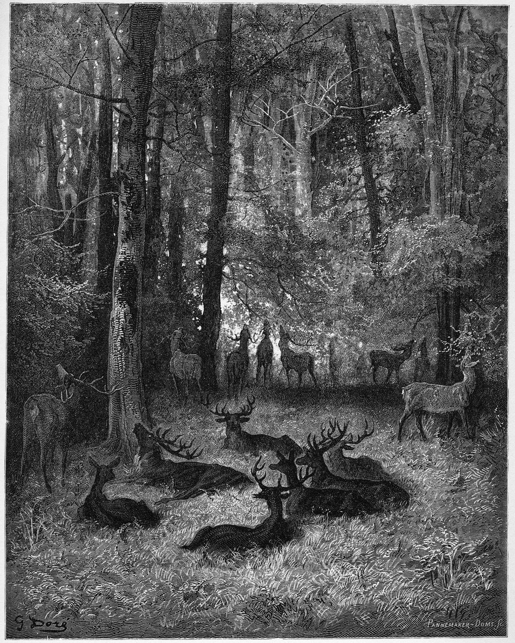 Le cerf malade--生病的鹿--出自Jean de La Fontaine (Lafontaine) (1621-95)的《寓言》--根据Gustave Dore (1832-83)的作品雕刻--私人收藏 作者 古斯塔夫（之后）多尔