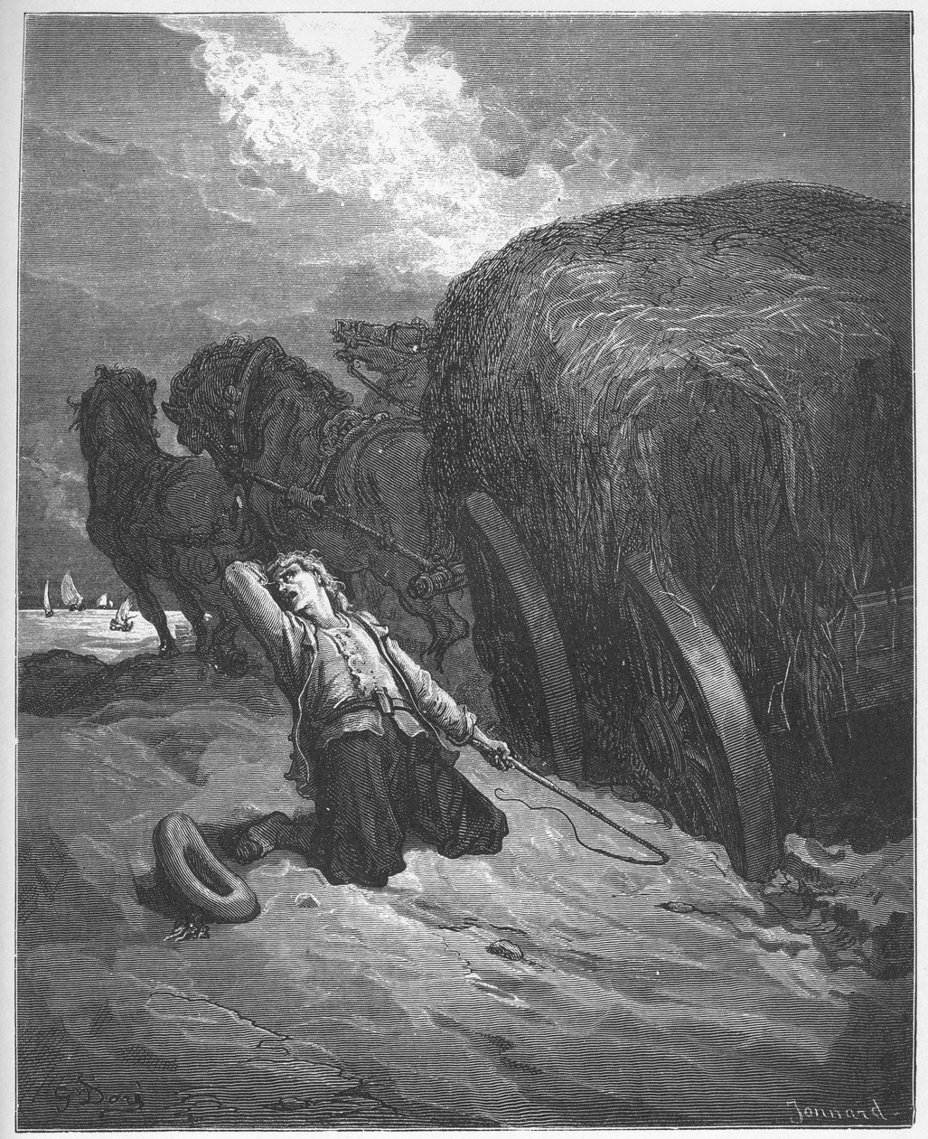 Le chartier - Wagoner Mired - 来自Jean de La Fontaine (Lafontaine)(1621-95)的《寓言》--根据Gustave Dore (1832-83)的作品雕刻 --私人收藏 作者 古斯塔夫（之后）多尔