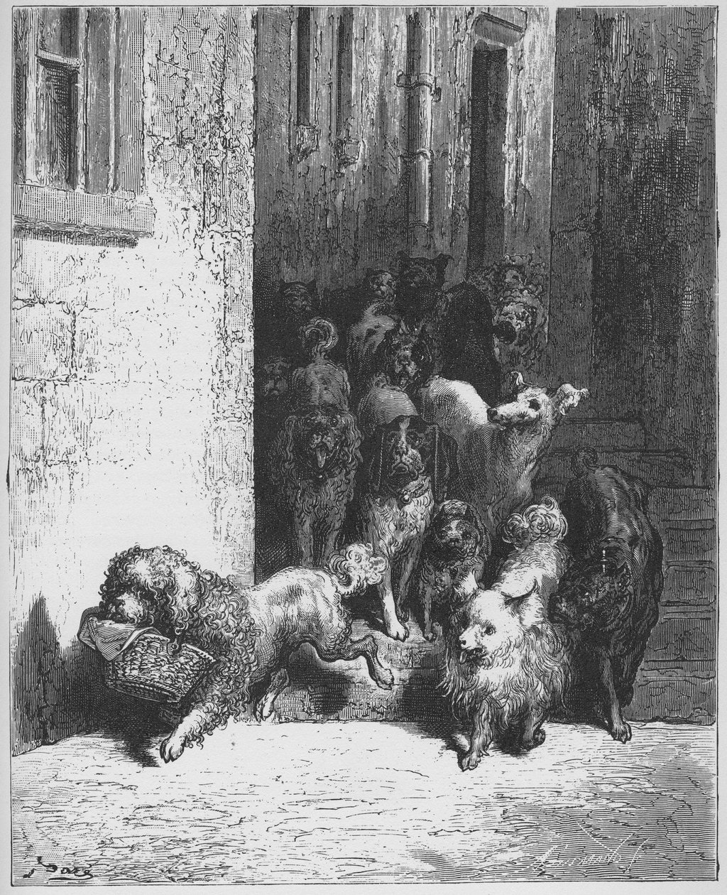 "Le chien qui porte à son cou le diner de son Maitre"。法布尔，拉封丹（1621 - 1695 年），古斯塔夫-多雷（1823 - 1883 年）的作品 作者 古斯塔夫（之后）多尔