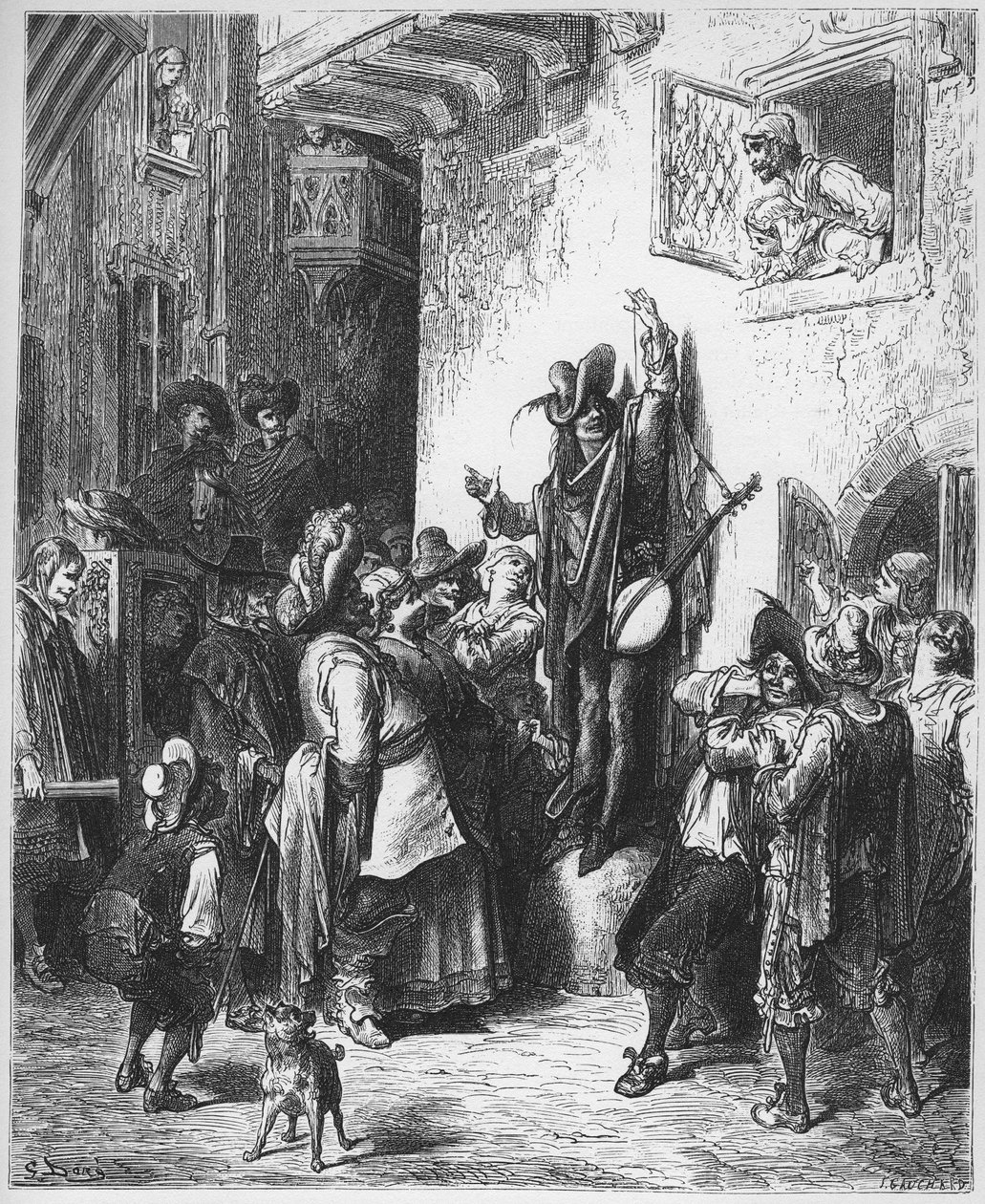 Le fou qui vend la sagesse - 贩卖智慧的傻瓜 - 摘自Jean de La Fontaine (Lafontaine) (1621-95)的《寓言》--根据Gustave Dore (1832-83)的作品雕刻 - 私人收藏 作者 古斯塔夫（之后）多尔