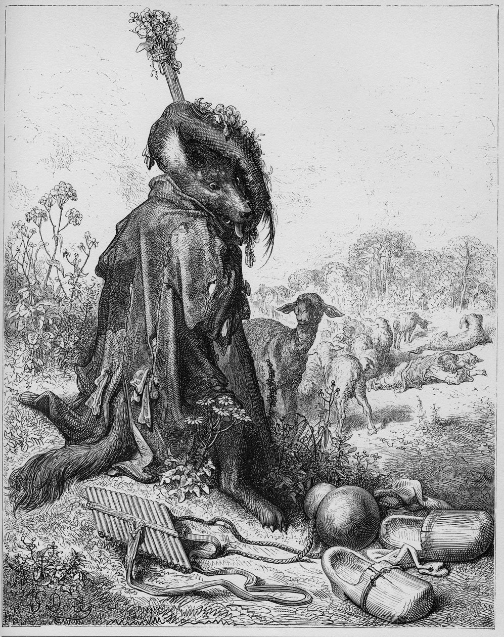 Le loup devenu berger--扮演牧羊人的狼--出自Jean de La Fontaine (Lafontaine) (1621-95)的《寓言》--根据Gustave Dore (1832-83)的作品雕刻--私人收藏 作者 古斯塔夫（之后）多尔
