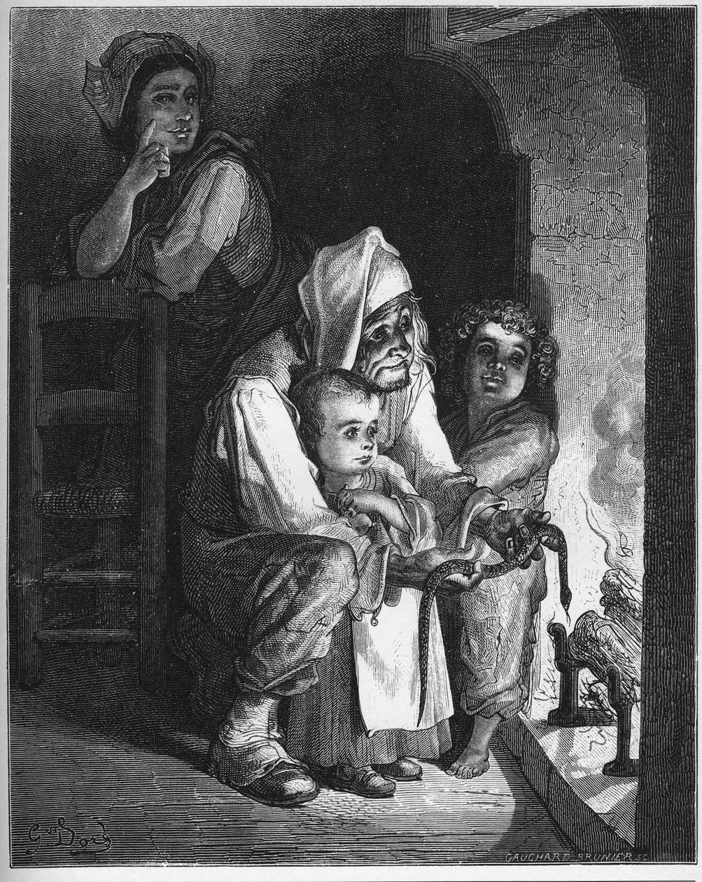Le villageois et le serpent - 农夫和毒蛇 - 来自Jean de La Fontaine (Lafontaine) (1621-95)的《寓言》--根据Gustave Dore (1832-83)的作品雕刻 - 私人收藏 作者 古斯塔夫（之后）多尔