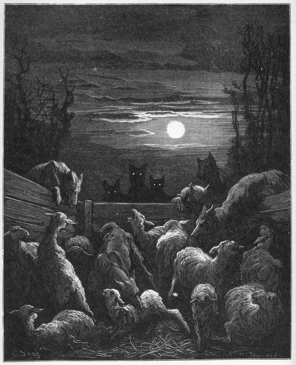 Les Loups et les Ebis - 来自Jean de La Fontaine (Lafontaine)(1621-95)的《寓言》--在Gustave Dore(1832-83)之后的版画 - 私人收藏 作者 古斯塔夫（之后）多尔