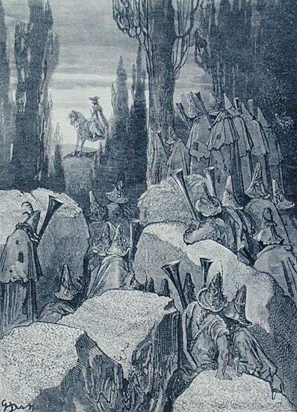 蒙乔生在旅人中，出自鲁道夫-埃里希-拉斯佩的《蒙乔生男爵历险记》，由斯蒂芬-潘尼梅克（1847-1930）雕刻，约1868年（雕刻版）。 作者 古斯塔夫（之后）多尔