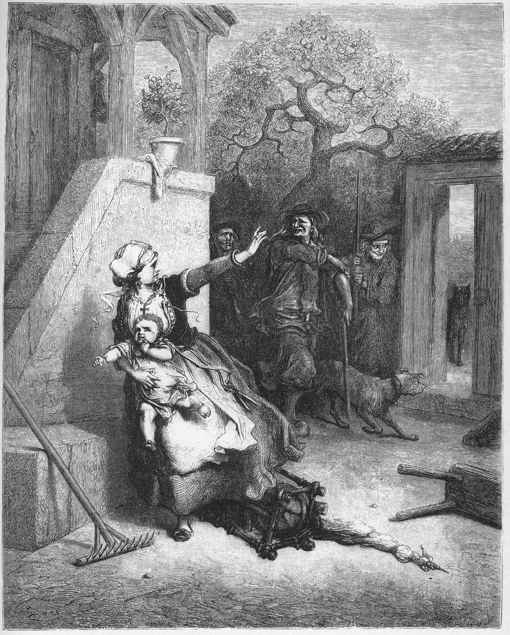 狼、母亲和她的孩子--出自让-德-拉方丹（Lafontaine）（1621-95）的《寓言》--根据古斯塔夫-多尔（1832-83）的作品雕刻--私人收藏 作者 古斯塔夫（之后）多尔