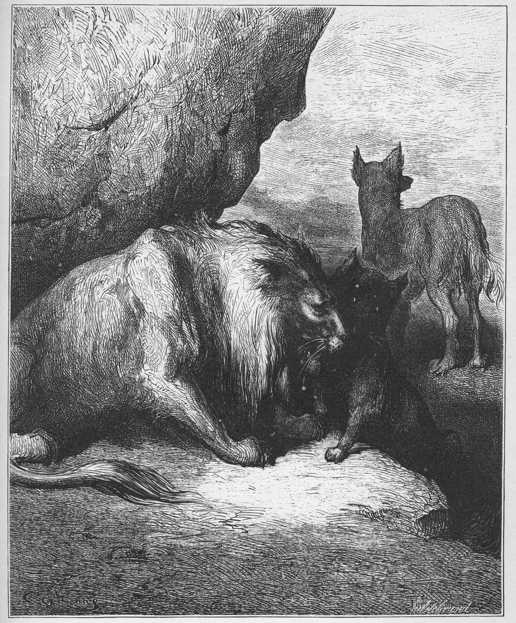 le lion le loup et le fox - 狮子、狼和狐狸 - 来自Jean de La Fontaine (Lafontaine)(1621-95)的《寓言》--根据Gustave Dore (1832-83)的作品雕刻 - 私人收藏 作者 古斯塔夫（之后）多尔