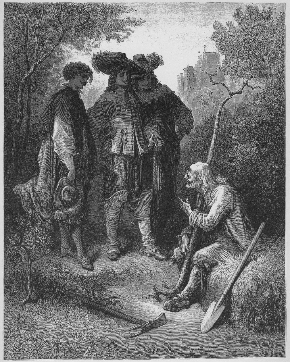 le vieillard et les trois jeunes hommes - 老人和三个年轻人 - 来自Jean de La Fontaine (Lafontaine) (1621-95)的《寓言》--在Gustave Dore (1832-83)之后的刻版 - 私人收藏 作者 古斯塔夫（之后）多尔