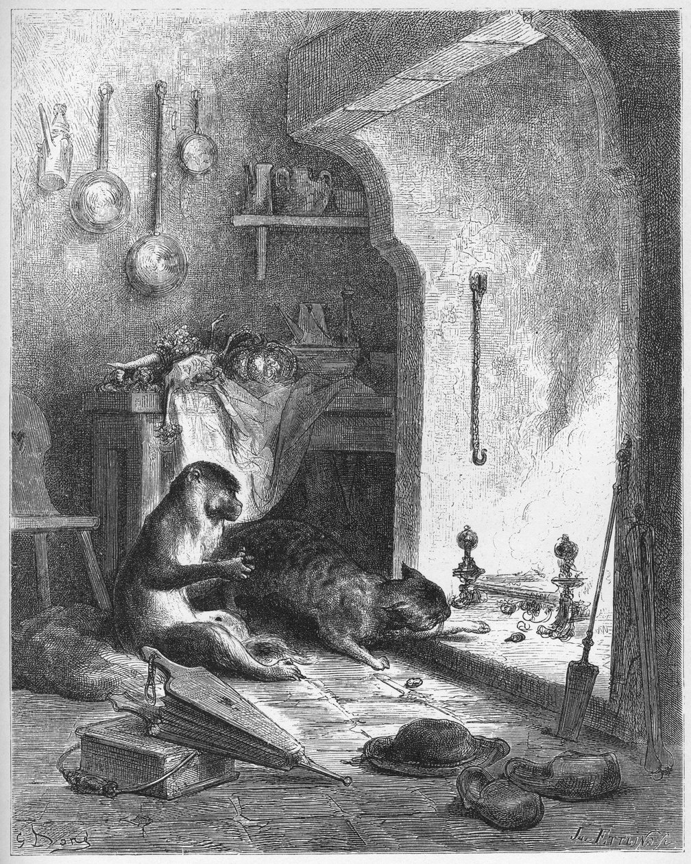猴子和猫--出自让-德-拉方丹（Lafontaine）（1621-95）的《寓言》--根据古斯塔夫-多尔（1832-83）的作品雕刻--私人收藏 作者 古斯塔夫（之后）多尔