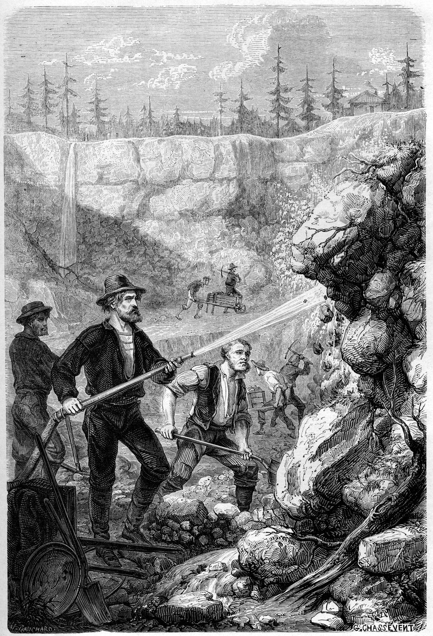 水力采矿，加利福尼亚，1859年。 作者 古斯塔夫·阿道夫·查斯顿·巴克