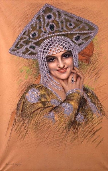 戴珍珠头饰的年轻女子（纸上粉彩画） 作者 古斯塔夫·布里斯甘德