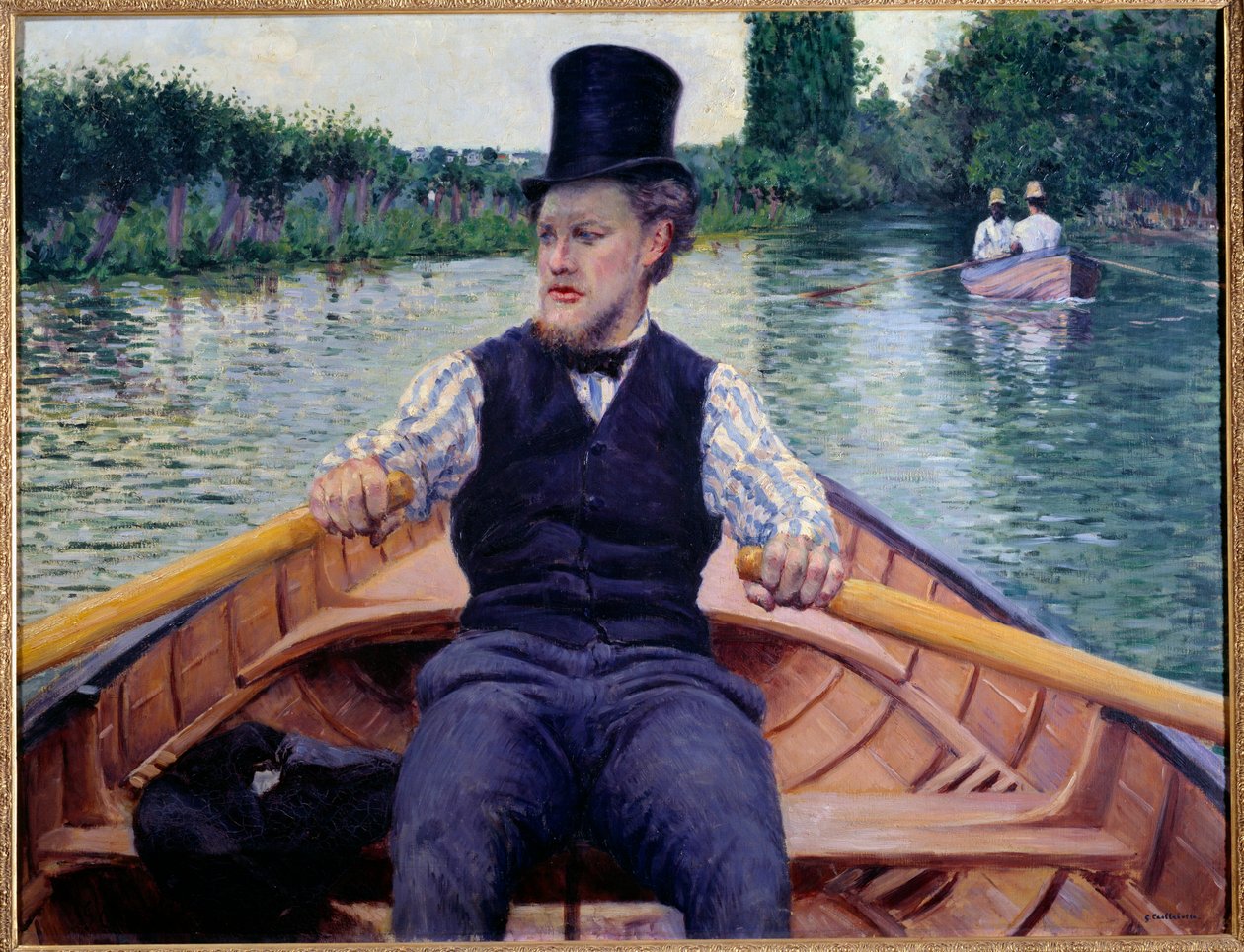 船的一部分。 一个戴着高帽子在船上划船的人。 古斯塔夫·卡耶博特 (Gustave Caillebotte) 的绘画 (1848-1894) 作者 古斯塔夫·卡耶博特