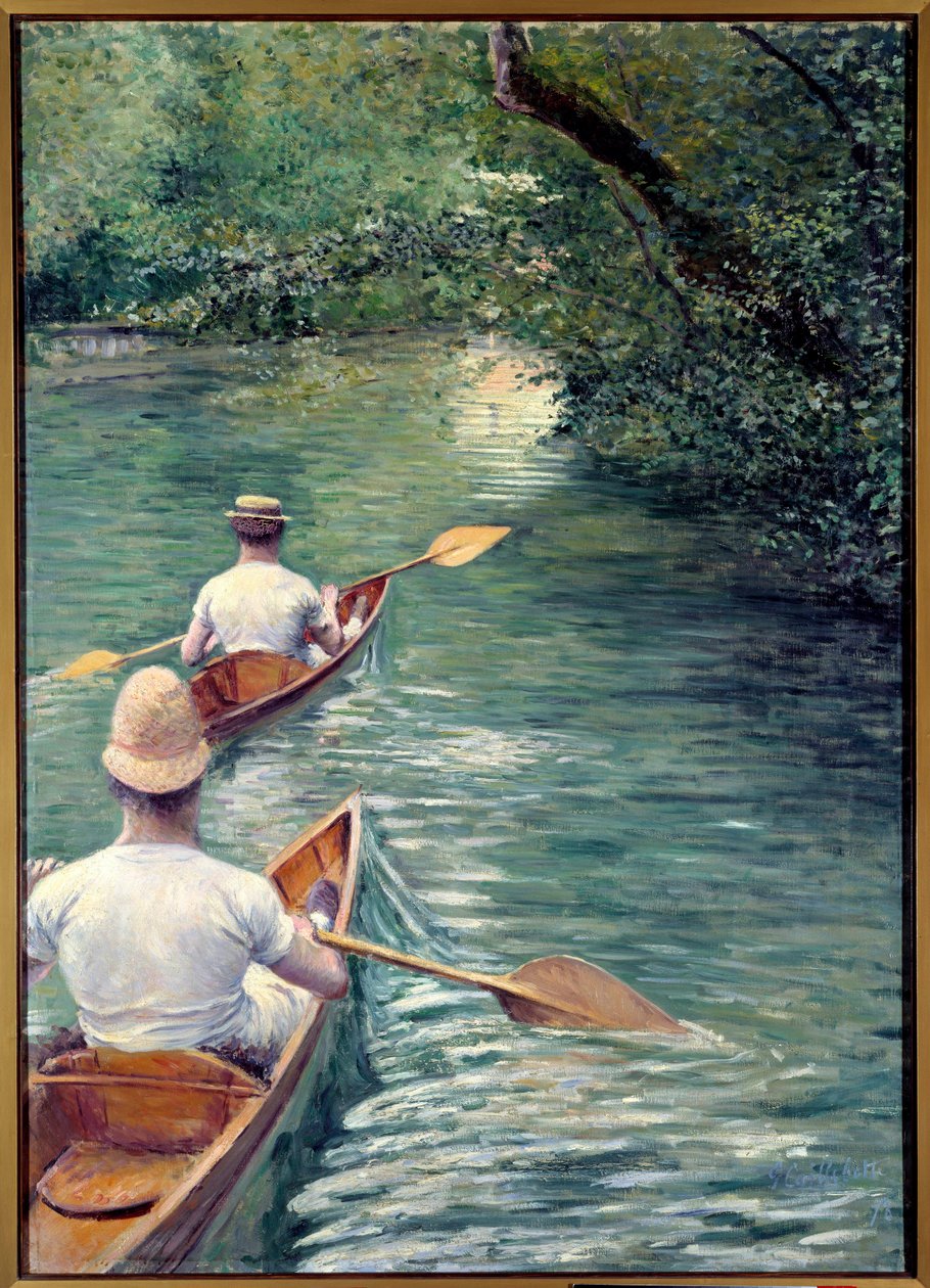 The perissoires. Couple walking in the water in perissoires, kind of kayak (The Canoes). (Element of a decorative set: triptych designed with La Peche a la Ligne and Les Baigneurs). Painting by Gustave Caillebotte (1848-1894) 作者 古斯塔夫·卡耶博特