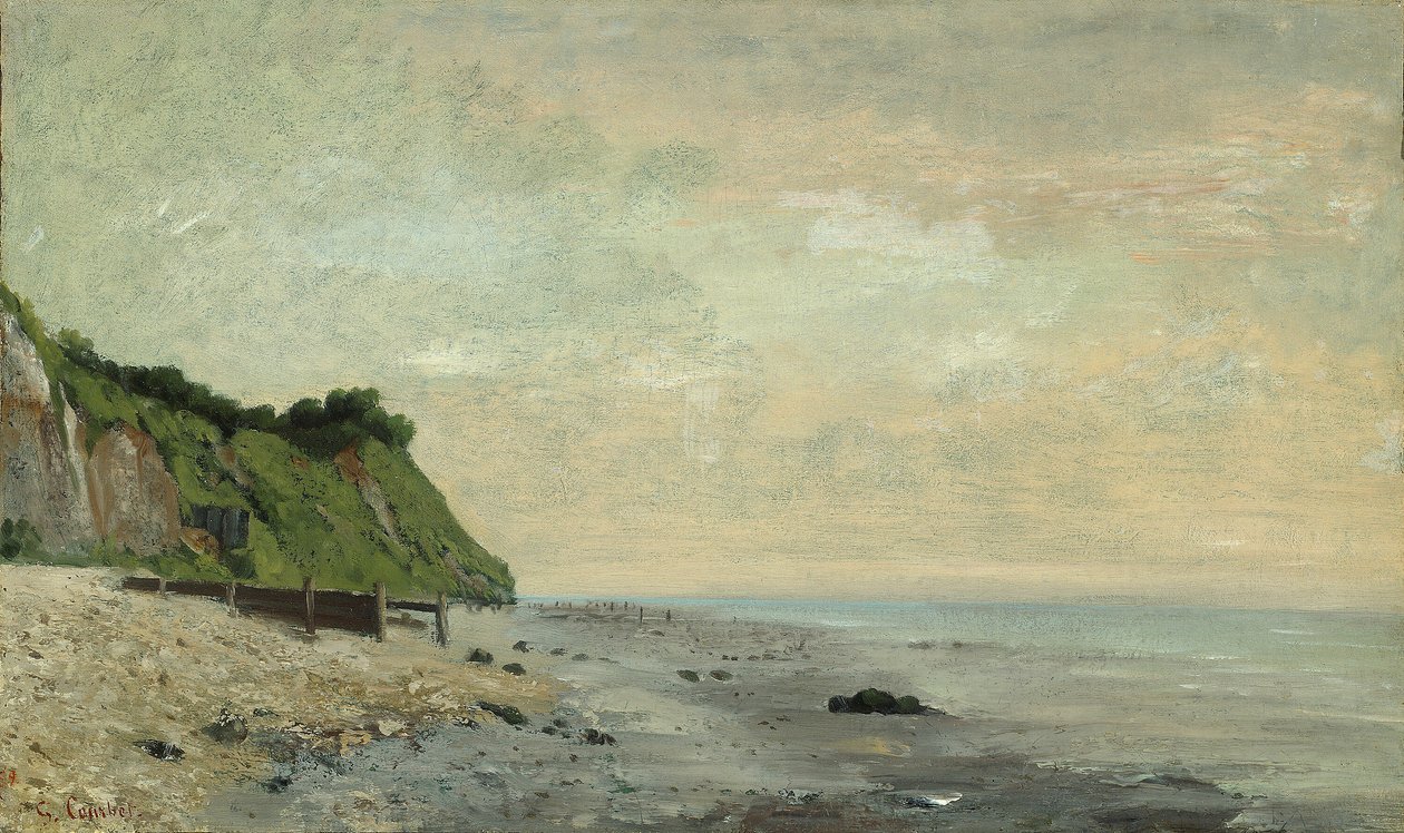 海边悬崖：小海滩，日出 (Falaise au bord de la mer, vu Petite Plage, soleil levant) 作者 古斯塔夫·库尔贝