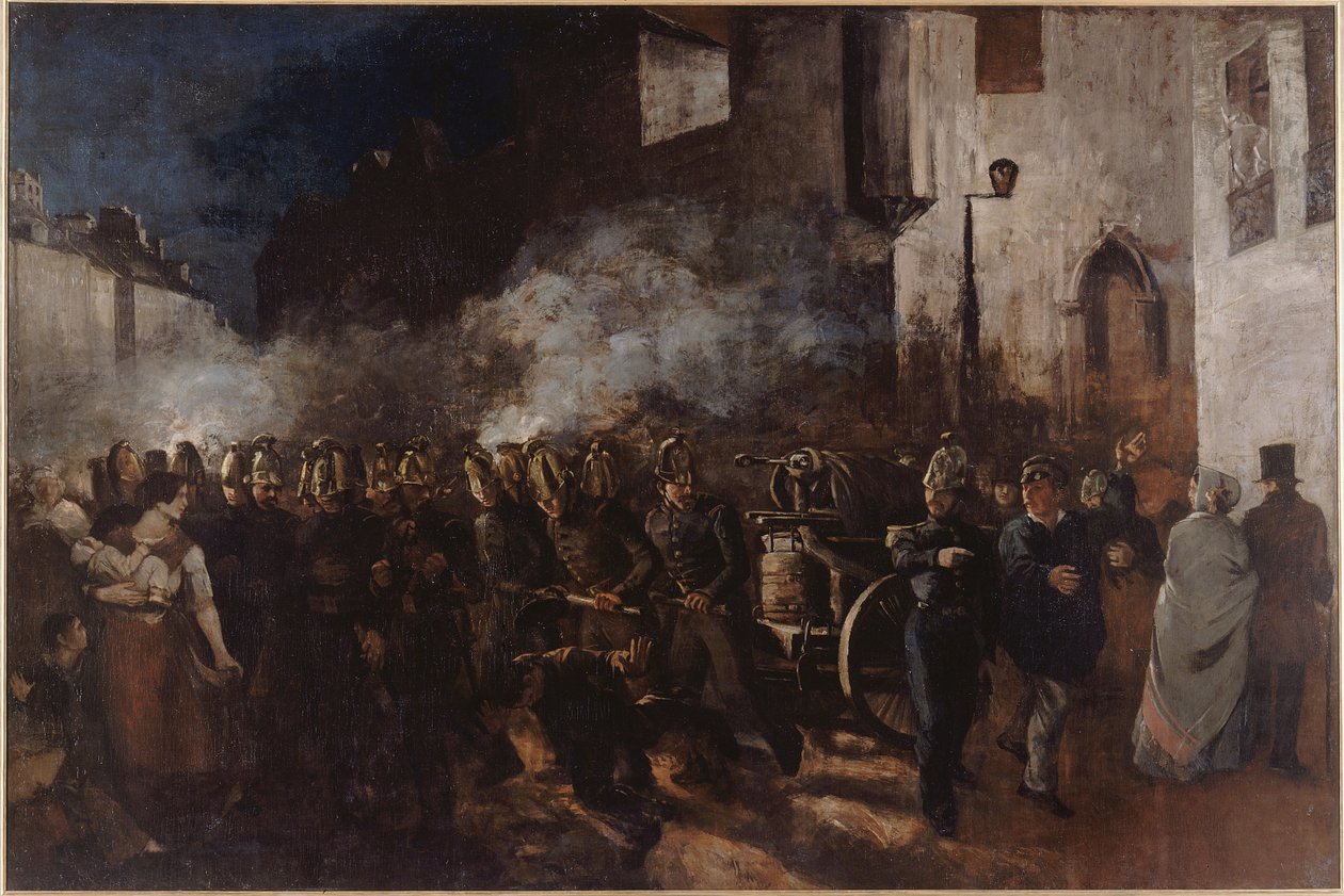 ““消防员跑向火”，古斯塔夫·库尔贝 (1819-1877) 作画，1851 年尺寸 3.88x5.8 米，巴黎，小皇宫消防员奔向火灾 - 库尔贝，古斯塔夫 (1819-1877) - 1851 - 油画画布 - 388x580 - Petit Palais, Musee des Beaux-Arts de l 作者 古斯塔夫·库尔贝