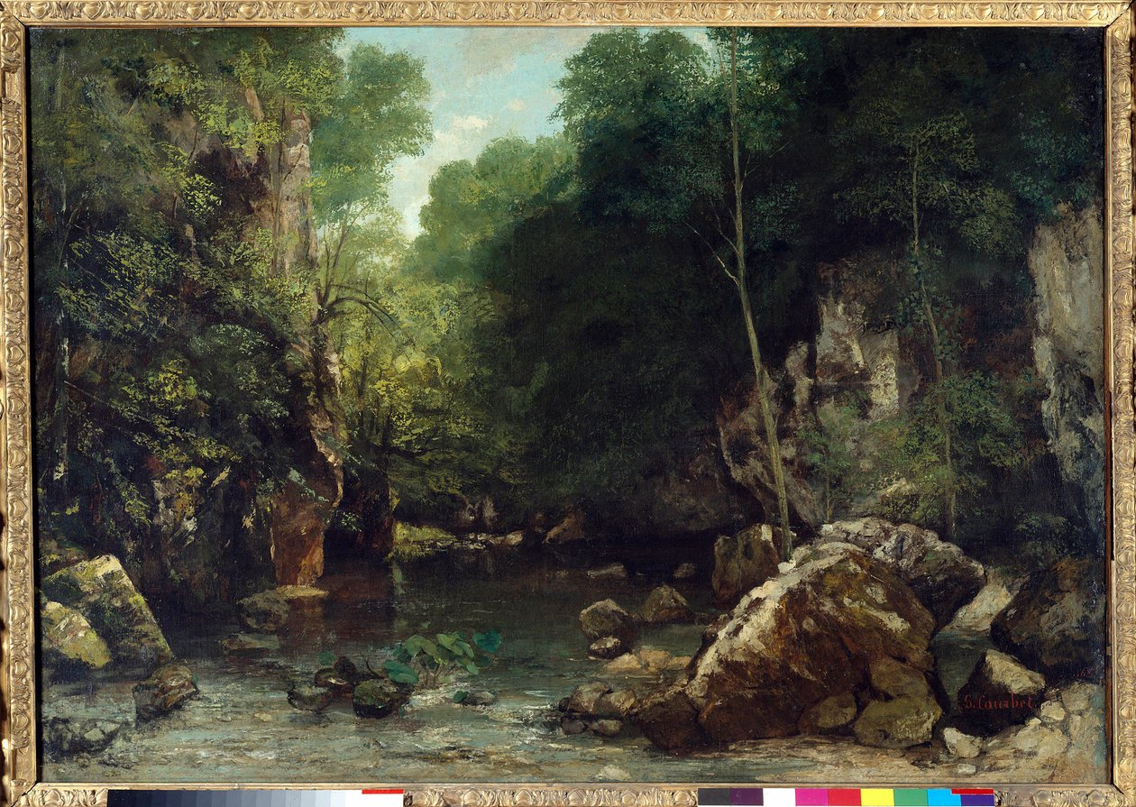 被遮盖的溪流，被称为 Vallee du Puits-Noir 的入口，Doubs: Effect of Twilight Painting by Gustave Courbet (1819-1877) 1865 Dim。 0.94 x 1.35 米。 巴黎。 奥赛博物馆 作者 古斯塔夫·库尔贝