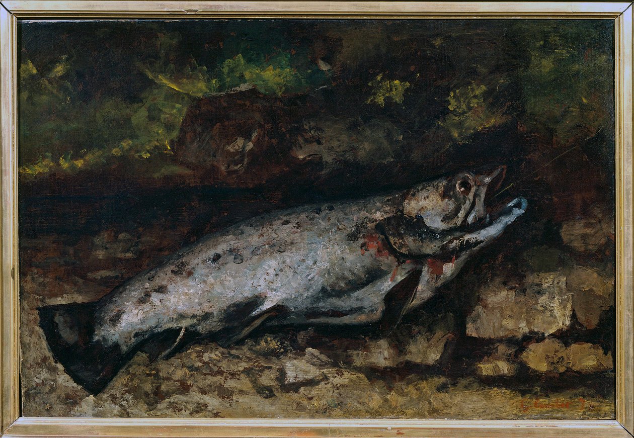 鳟鱼的静物画。古斯塔夫-库尔贝（1819-1877）的画作 作者 古斯塔夫·库尔贝