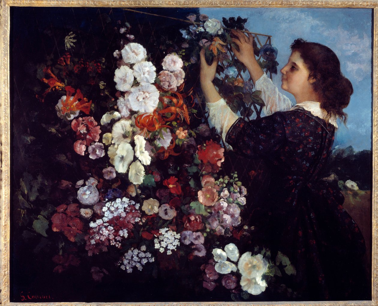 有花或格子的女人。 古斯塔夫·库尔贝 (1819-1877) 的绘画 作者 古斯塔夫·库尔贝
