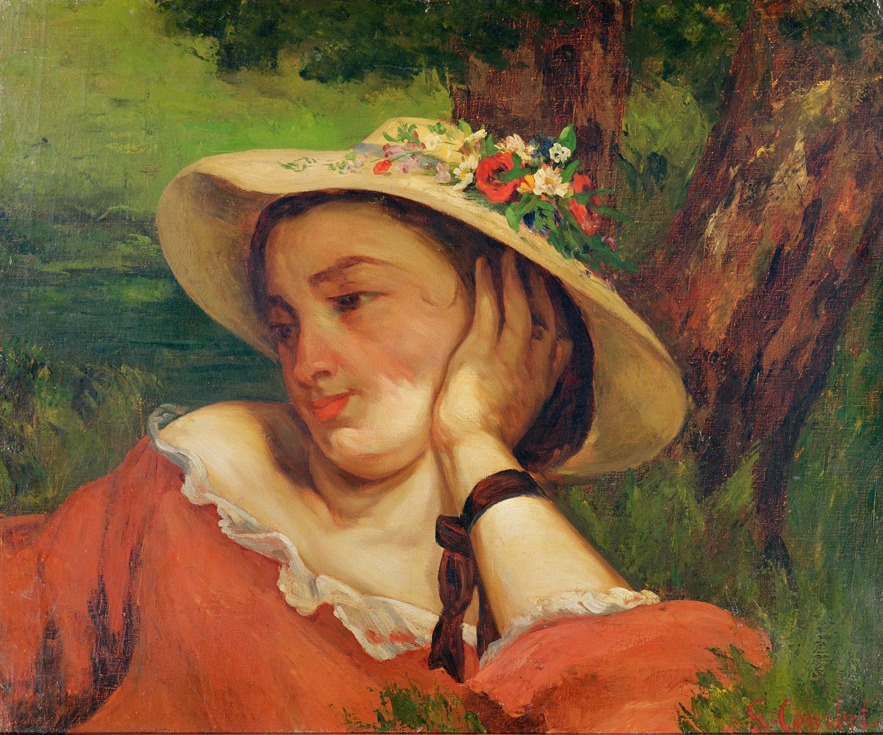 草帽的妇女有花的，c.1857 作者 古斯塔夫·库尔贝