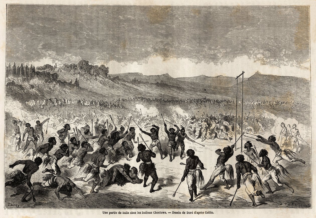 密西西比地区部落乔克托人之间的球赛，由古斯塔夫-多尔（1832-1883）绘制，用于说明1853-54年鲍杜安-莫尔豪森（1825-1905）的密西西比州航行。在 "世界之旅，新纪元 "中的版画。 作者 古斯塔夫·多尔（Gustave Dore）