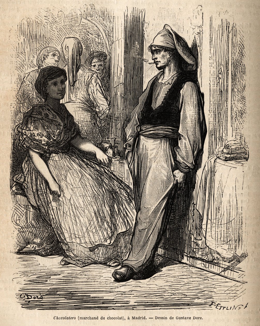 A chocolate dealer in the open air, sketch on the lively taken in Madrid. Engraving by Gustave Dore (1832-1883) to illustrate his trip to Spain, with Ch. Davillier (editor), in 1862, published in “” Le tour du monde””” 1869, edited by Edouard Charton, Hach 作者 古斯塔夫·多尔（Gustave Dore）