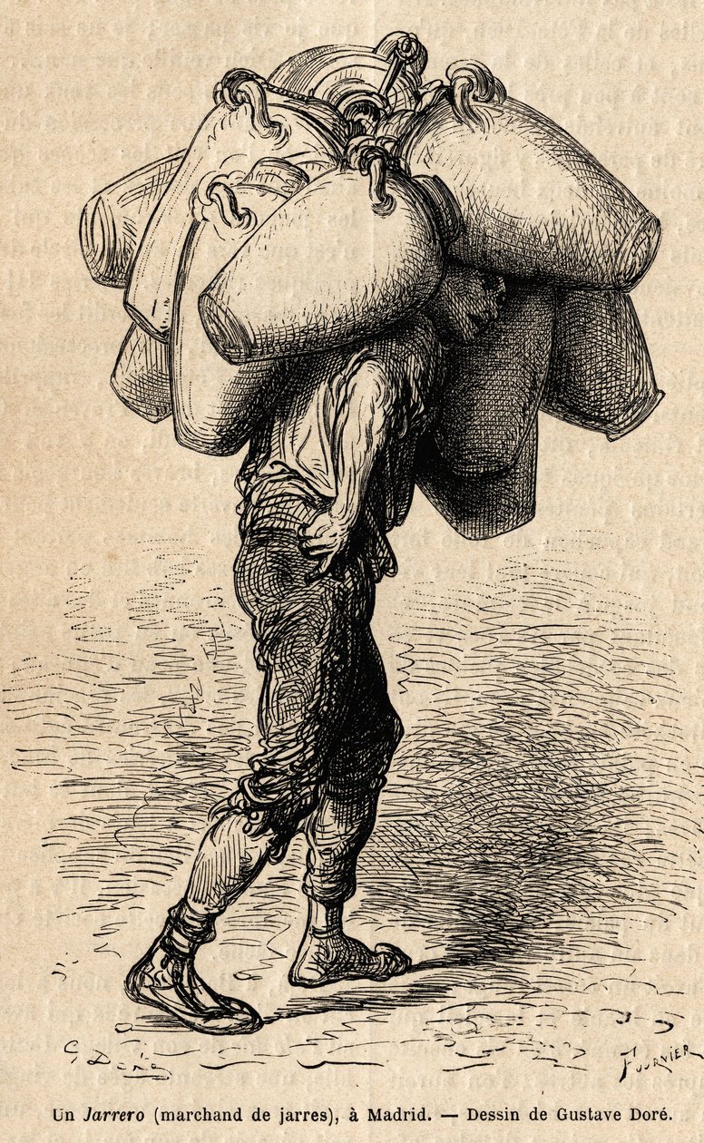 一个罐子商人，在马德里拍摄的活泼的草图。古斯塔夫-多尔（Gustave Dore，1832-1883）为他1862年与Ch.Davillier（编辑）的西班牙之行绘制的版画，发表在《世界之旅》1869年，由Edouard Charton编辑，巴黎Hachette版。 作者 古斯塔夫·多尔（Gustave Dore）