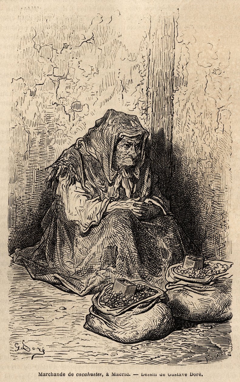一位花生商人在马德里太阳门广场的现场素描。 Gustave Dore (1832-1883) 的版画以说明他的西班牙之行，与 Ch. Davillier（编辑），1862 年，发表在“Le tour du monde””“1869 年，Edouard Charton 编辑，Hachet 作者 古斯塔夫·多尔（Gustave Dore）