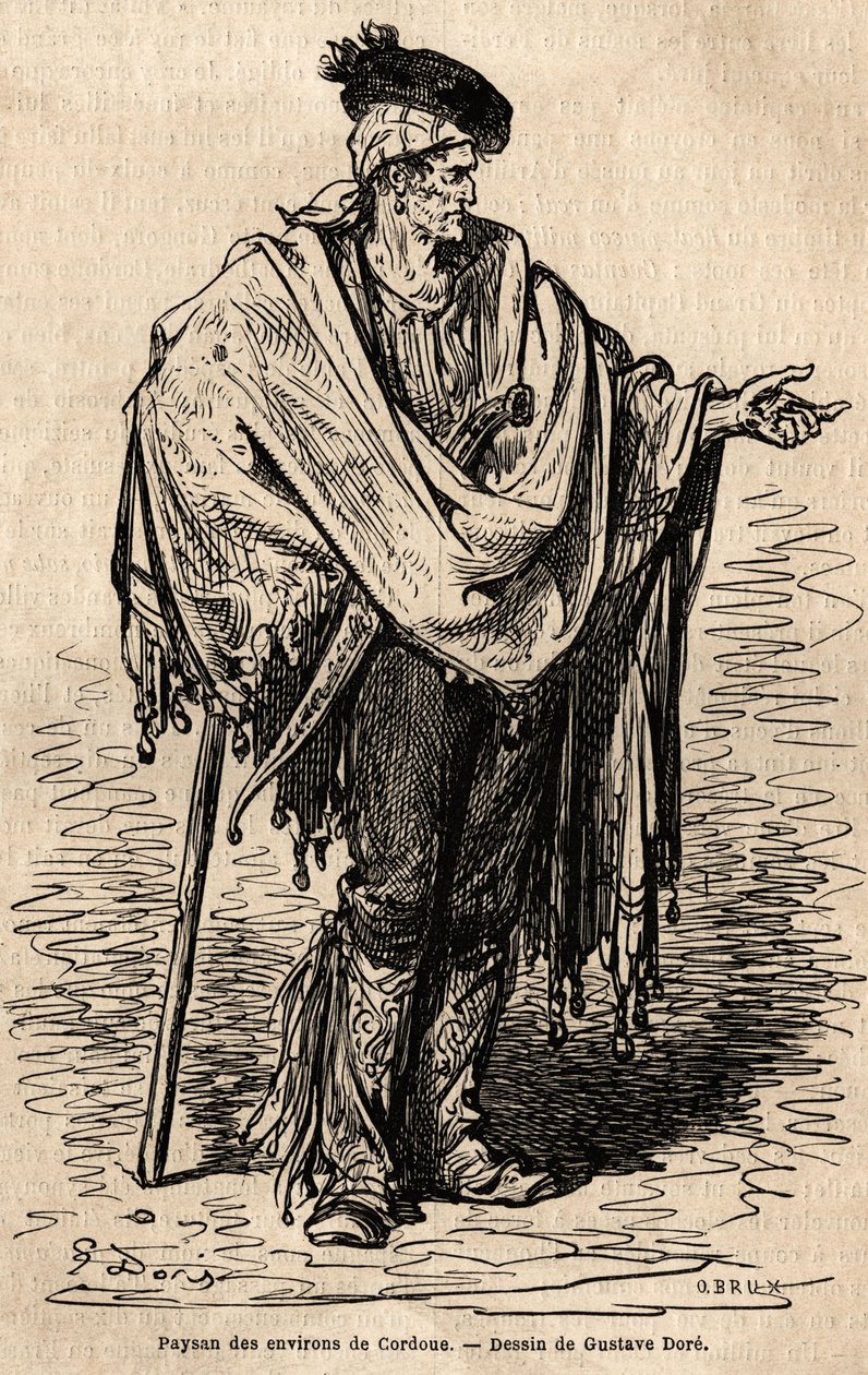 科尔多瓦地区的农民。 Gustave Dore (1832-1883) 在现场拍摄的草图。 1862 年 Charles Davillier 和 Gustave Dore 为说明西班牙航行的雕刻，在“Le tour du monde, nouveau journal des voyages”中出版 作者 古斯塔夫·多尔（Gustave Dore）