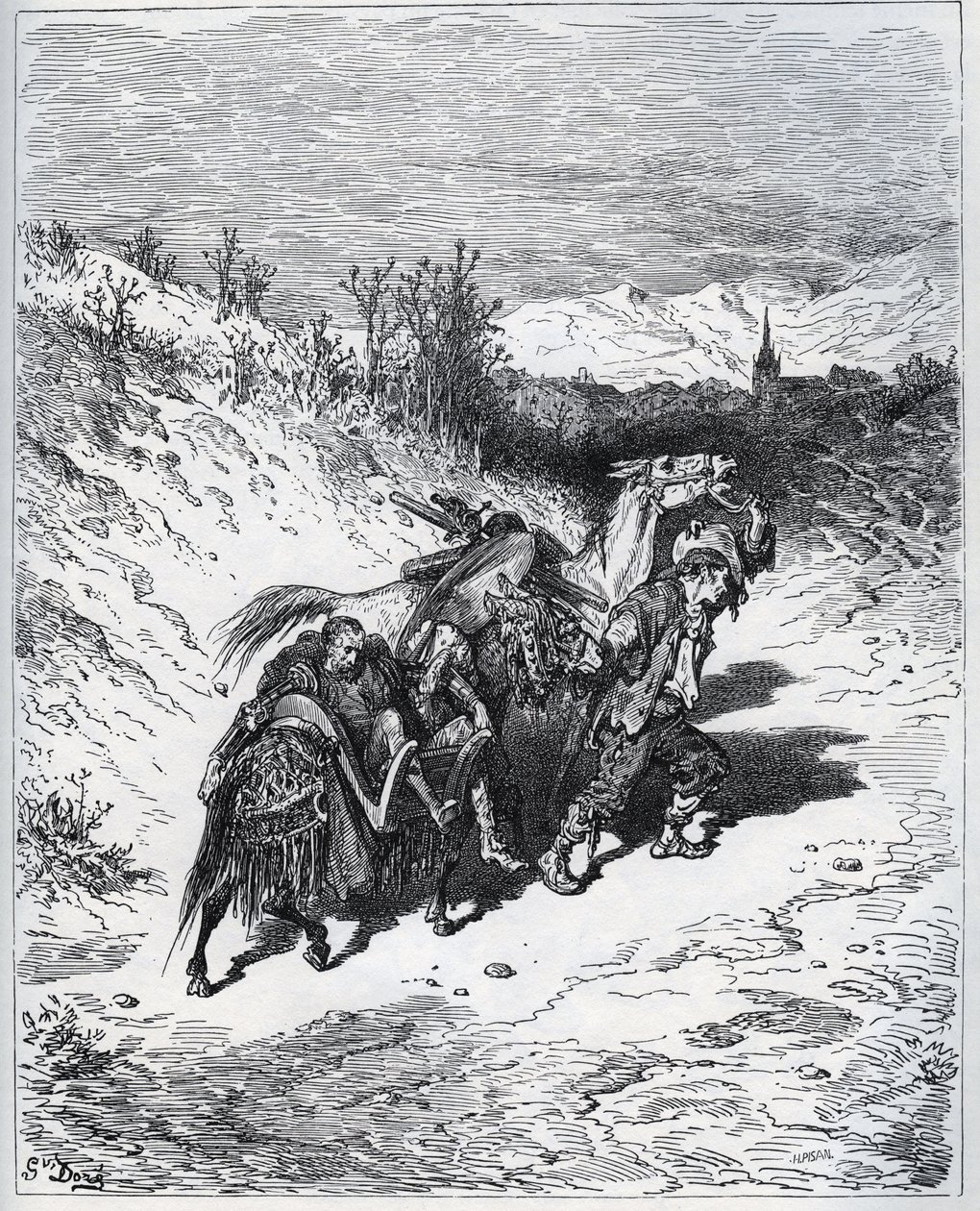 耕ower者唐·吉x德（Don Quixote）和罗西南特（Rossinante）从米格尔·塞万提斯（Miguel Cervantes）的《唐吉x德·德拉·曼恰》中回到村里 作者 古斯塔夫·多尔（Gustave Dore）
