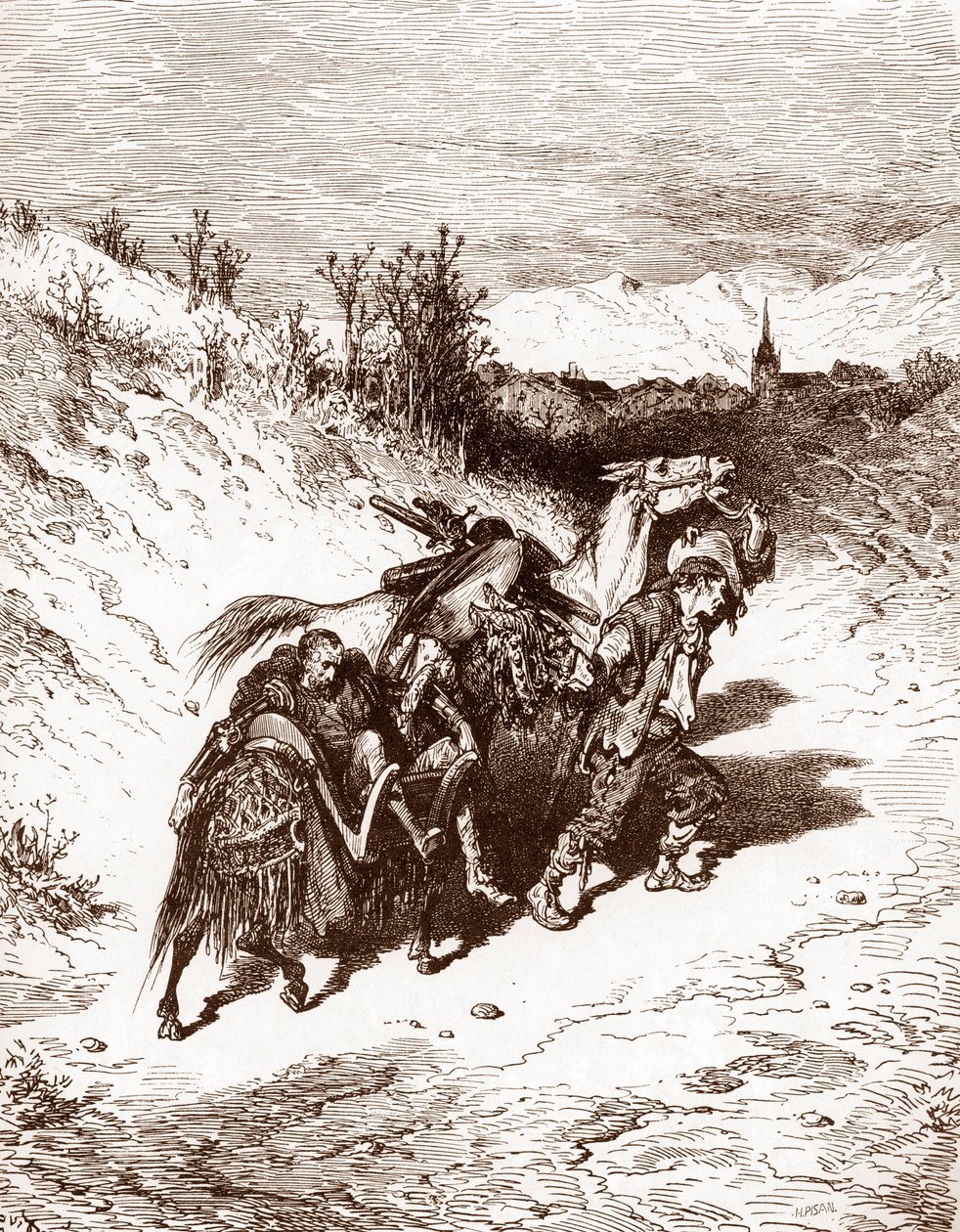 一位农夫从自己的村庄把吉诃德带回家 由古斯塔夫·多尔 (Gustave Dore) (1832-1883) 为“L