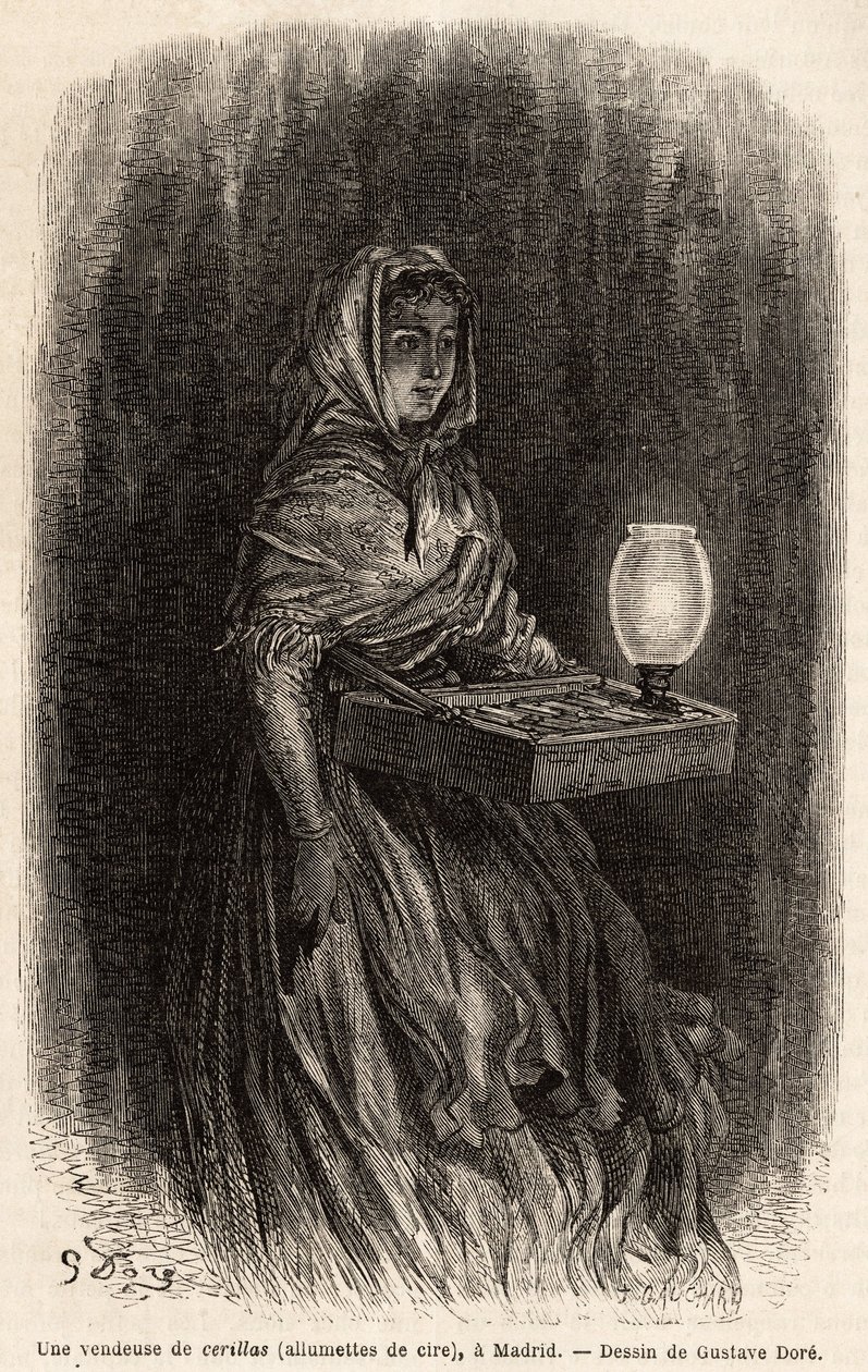 A saleswoman of wax matches, sketch on live in the puerta del sol, in Madrid. Engraving by Gustave Dore (1832-1883) to illustrate his trip to Spain, with Ch. Davillier (editor), in 1862, published in “” Le tour du monde””” 1869, edited by Edouard Charton,  作者 古斯塔夫·多尔（Gustave Dore）