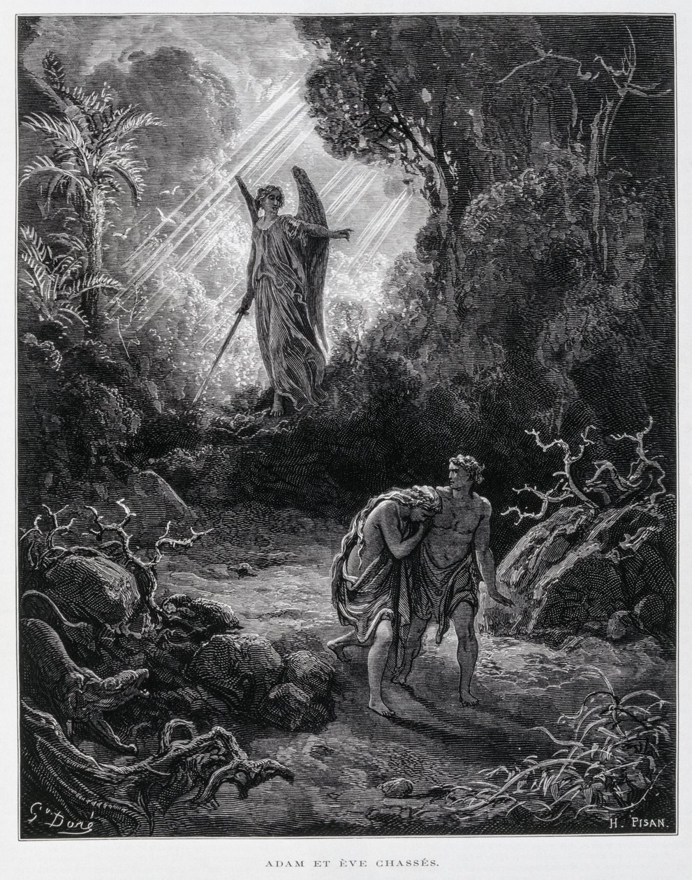 亚当和夏娃被天使逐出伊甸园，《多尔圣经》插图 作者 古斯塔夫·多尔（Gustave Dore）