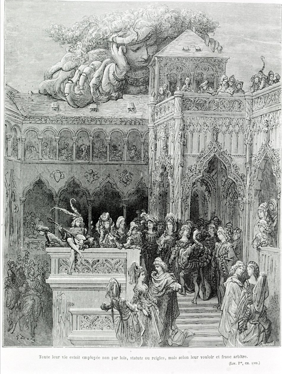 在弗朗索瓦·拉伯莱 (François Rabelais) (1483 - 1553) 在 Gargantua (1534) 之后，他们的一生都不是受法律、法规或规则的约束，而是根据他们的意愿和坦率的意愿。 由 Gustave Dore (1832-1883) 雕刻。 作者 古斯塔夫·多尔（Gustave Dore）