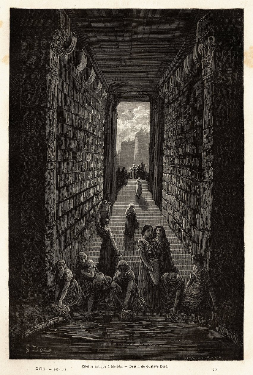 梅里达的一个仍在使用的古董蓄水池。 Gustave Dore (1832-1883) 插画家和 Baron Ch. 的雕刻以说明前往西班牙的航行。 达维利尔反应堆，1862 年，发表在“Le tour du monde, nouveau journal des voyages”上，指导下 作者 古斯塔夫·多尔（Gustave Dore）