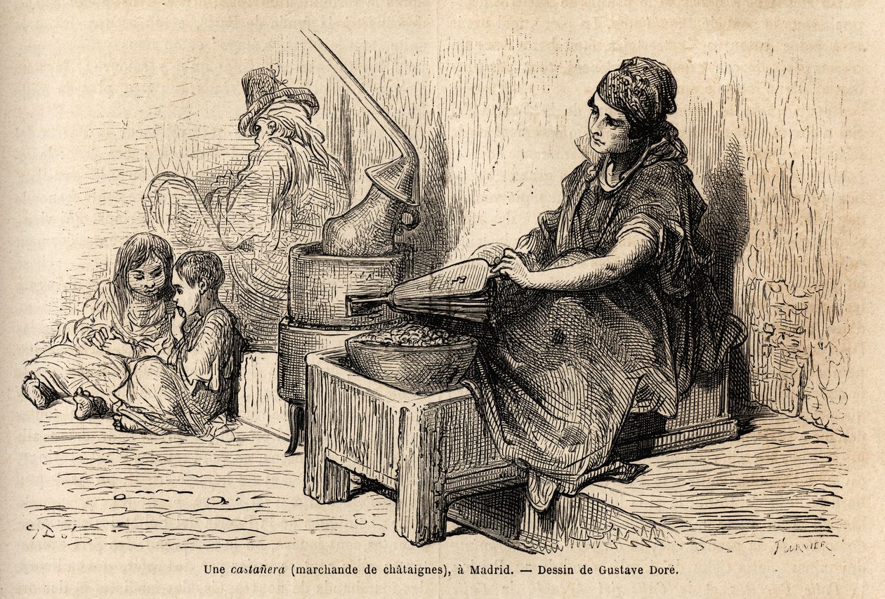 An open-air chestnut merchant, with her portable oven, sketch on the vivid in the puerta del sol, in Madrid. Engraving by Gustave Dore (1832-1883) to illustrate his trip to Spain, with Ch. Davillier (editor), in 1862, published in “” Le tour du monde””” 18 作者 古斯塔夫·多尔（Gustave Dore）