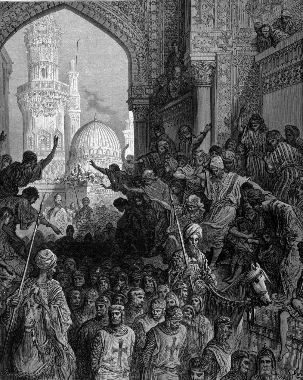 十字军囚犯抵达开罗，由古斯塔夫·多雷 (Gustave Doré) 雕刻。 19 世纪。 作者 古斯塔夫·多尔（Gustave Dore）