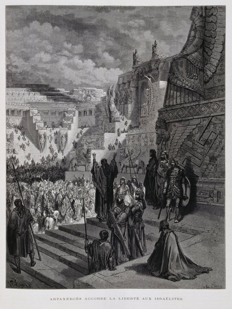 亚达薛西给予波斯犹太人自由，插图来自多尔圣经 作者 古斯塔夫·多尔（Gustave Dore）