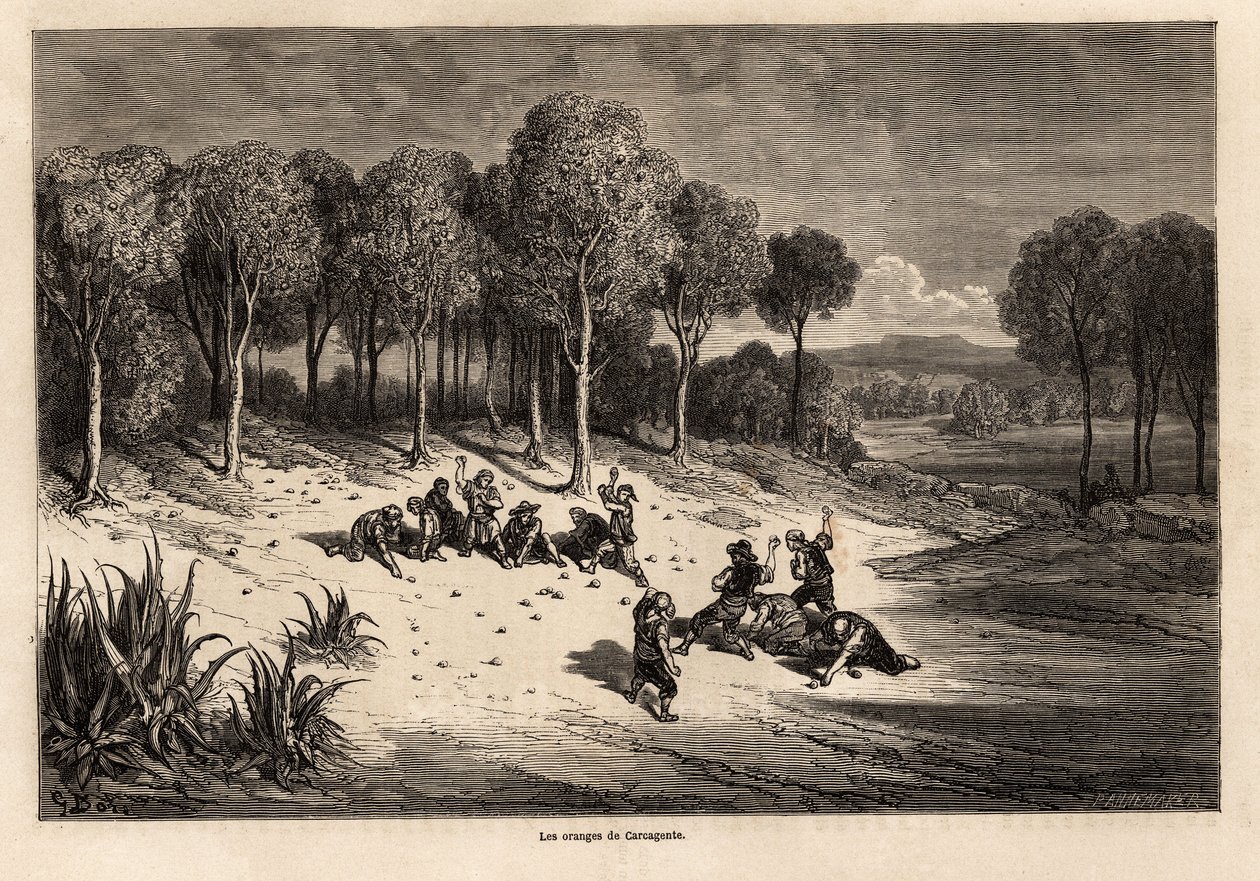 Battle of Oranges by Carcagente, drawing by Gustave Dore (1832-1883), to illustrate his journey to Spain with C.Davillier, in 1862. Engraving in “” Le tour du monde””, edited by Edouard Charton 作者 古斯塔夫·多尔（Gustave Dore）