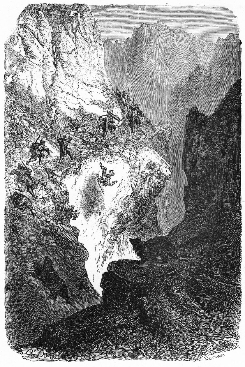 比利牛斯山猎熊：一男子从山上摔下。古斯塔夫-多尔（Gustave Dore）为希波吕特-泰恩（Hippolyte Taine）1860 年出版的《比利牛斯山之旅》一书绘制的插图。 作者 古斯塔夫·多尔（Gustave Dore）