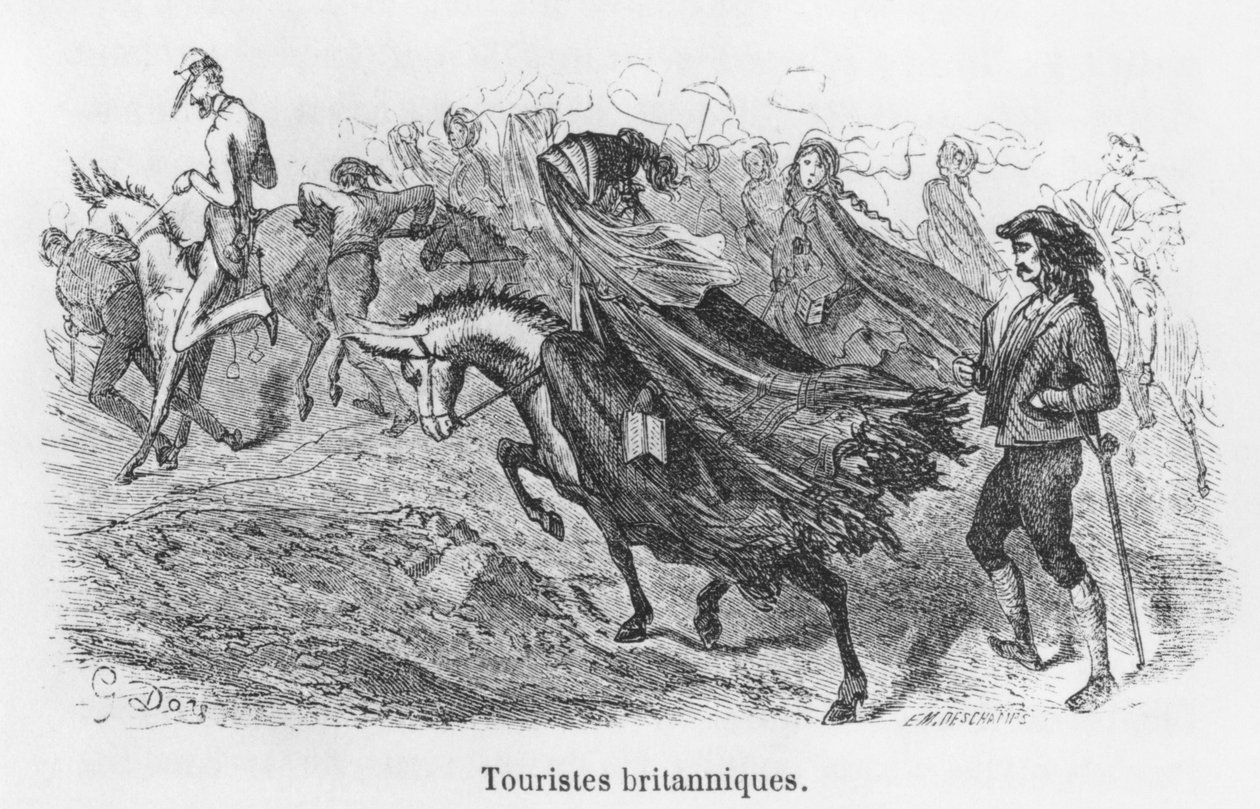 英国游客，由Hileolyte Taine（1828-93）的&39;Voyage aux Pyrenees&39;插图由Emile Deschamps（19世纪）雕刻 作者 古斯塔夫·多尔（Gustave Dore）