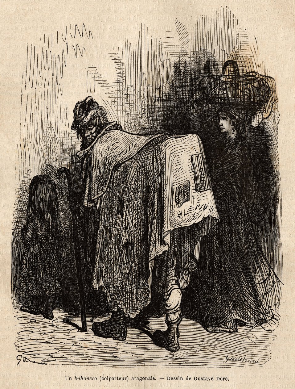 Buhonero, Aragonese peddler. Drawing by Gustave Dore (1832-1883). Engraving to illustrate the voyage in Spain, by Charles Davillier, in 1862, published in “” Le tour du monde””” 1872, edited by Edouard Charton, Hachette edition, Paris. Selva Collection. 作者 古斯塔夫·多尔（Gustave Dore）