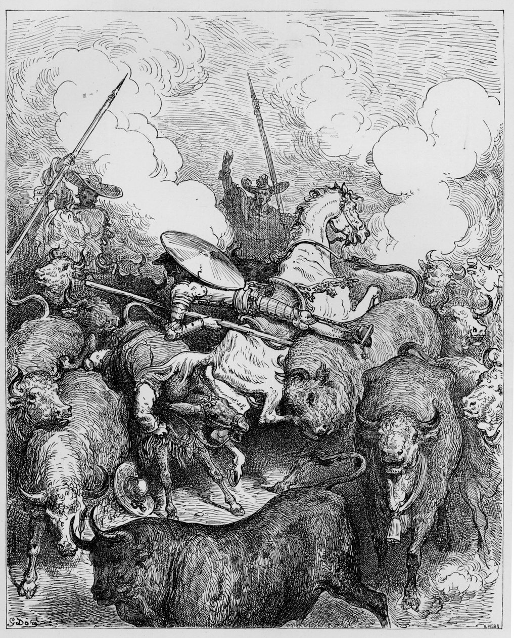 公牛战斗，来自Miguel Cervantes的&39;Don Quixote de la Mancha&39;，由Heliodore Joseph Pisan雕刻，1875年 作者 古斯塔夫·多尔（Gustave Dore）