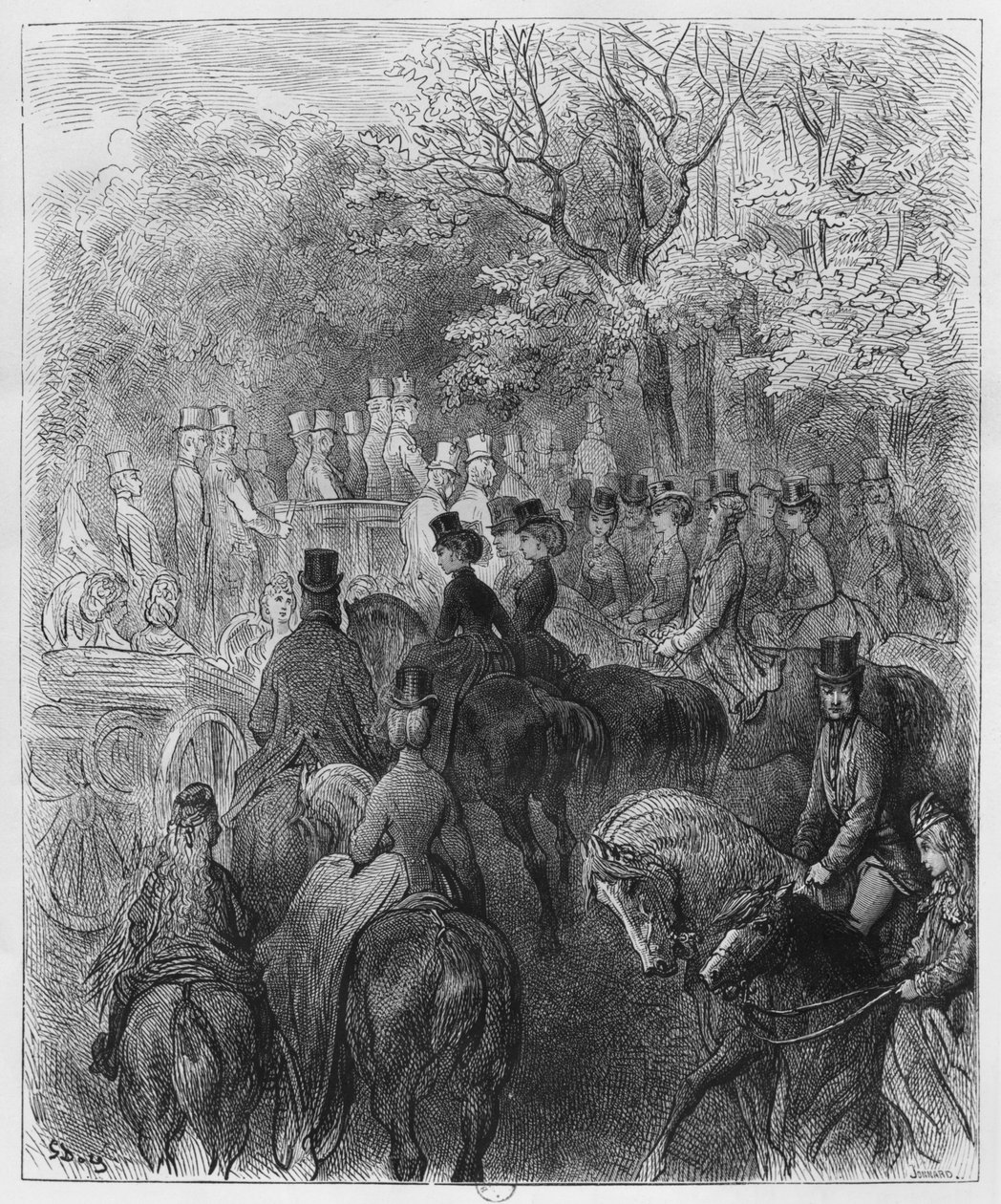 海德公园的车厢和车手，1876年路易斯·埃尔诺（1824-1900）的“Londres”插图，由Paul Jonnard-Pacel（d.1902）巴黎，Hachette雕刻 作者 古斯塔夫·多尔（Gustave Dore）