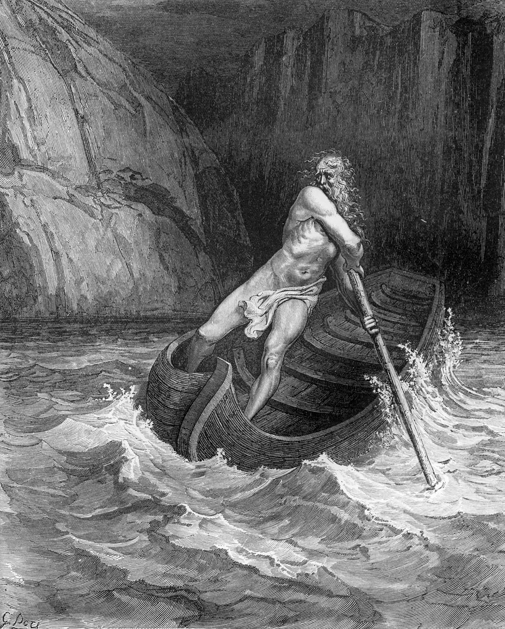 Charon，地狱的渡船，来自神圣喜剧（Inferno）的Dante Alighieri（1265-1321），由Stephane Pannemaker（1847-1930）刻制，c.1868 作者 古斯塔夫·多尔（Gustave Dore）