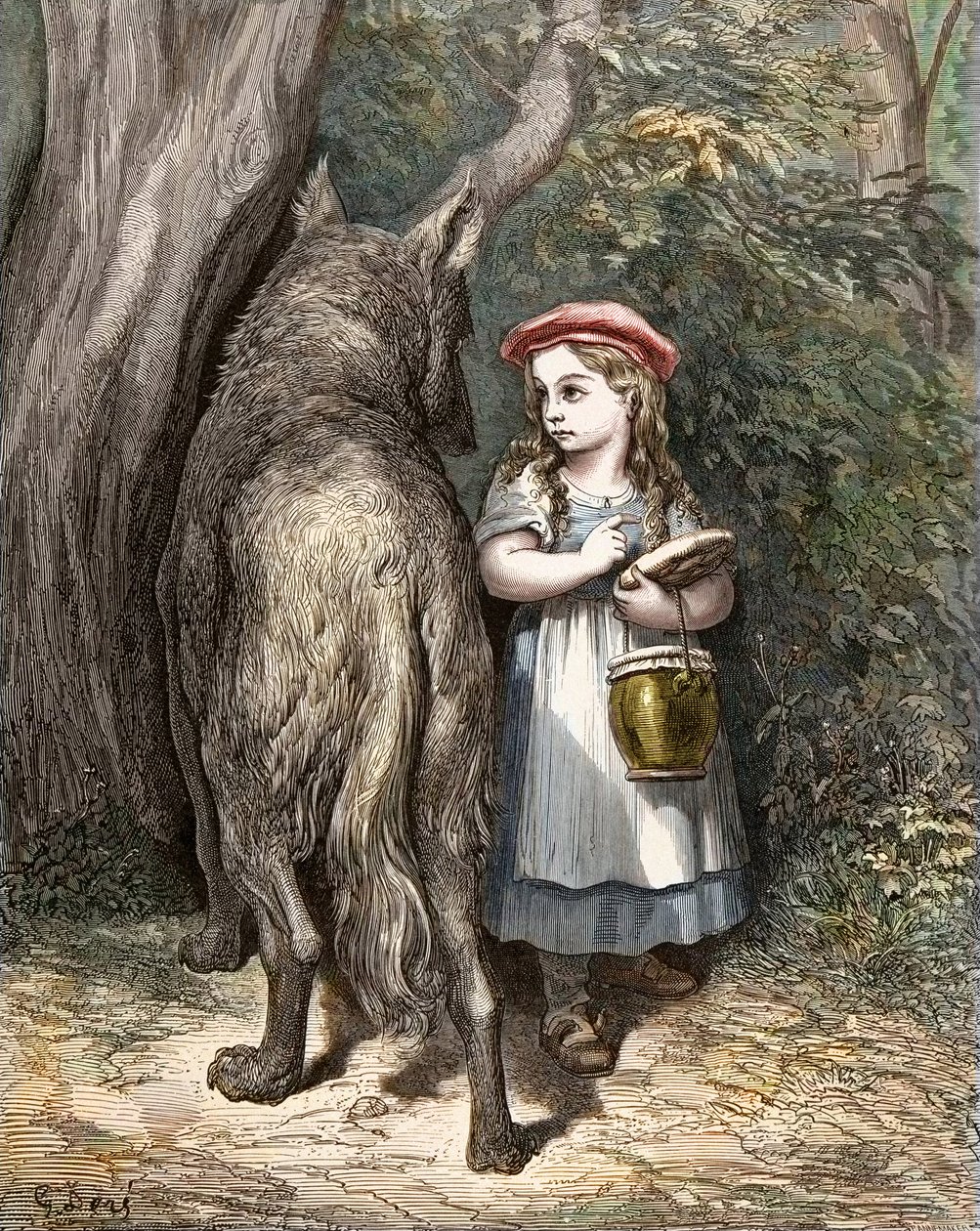 穿过树林，小红帽遇到了狼。古斯塔夫-多尔（Gustave Dore，1832-1883）的版画，出自查尔斯-佩罗（Charles Perrault，1628-1703）的《故事》。 作者 古斯塔夫·多尔（Gustave Dore）