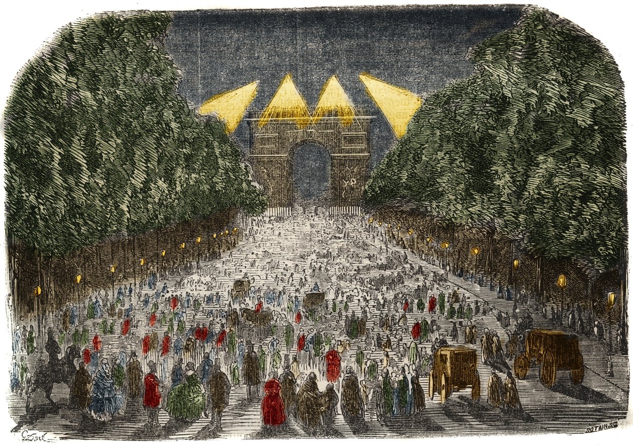 10月26日和27日，人群欣赏巴黎凯旋门和香榭丽舍大街（Champs-Elysees）的电灯。 作者 古斯塔夫·多尔（Gustave Dore）