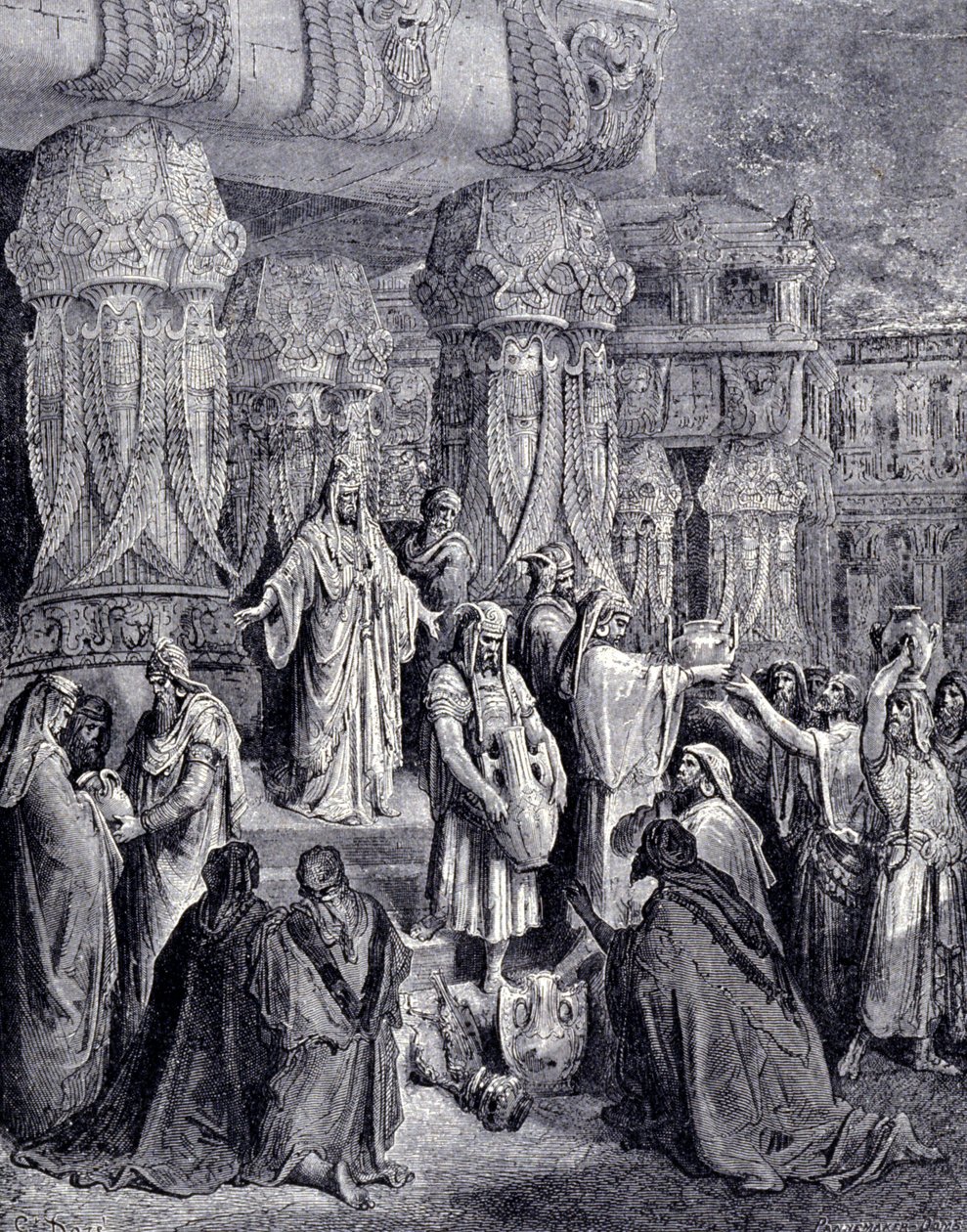 Cyrus II the Great (580 BC - 530 BC) freed the captive peoples upon his arrival in Babylon in 539 BC and returned to the Jewish people the sacred vessels that had been taken as spoils in the temple of Jerusalem. Engraving by Gustave Doré. 作者 古斯塔夫·多尔（Gustave Dore）