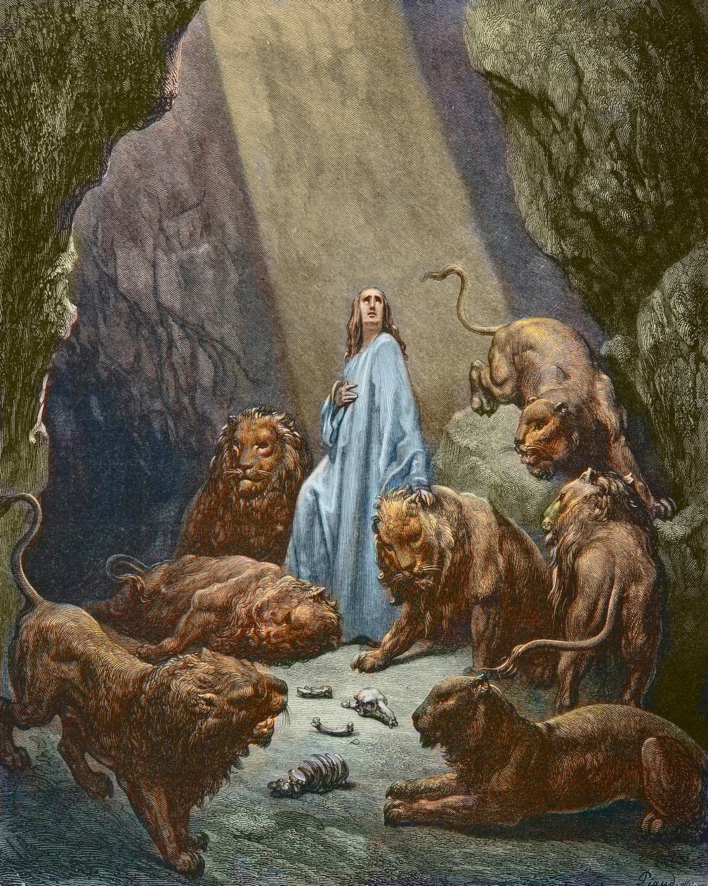 Daniel est jete dans la fonds aux lions - Daniel in the Den of Lions - 古斯塔夫-多尔的雕刻作品 - 后期着色 作者 古斯塔夫·多尔（Gustave Dore）