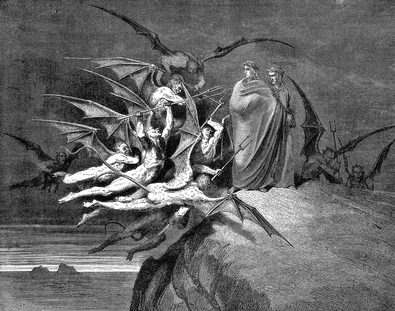 但丁和维吉尔在通过第八圈时被恶魔包围，1861年 作者 古斯塔夫·多尔（Gustave Dore）