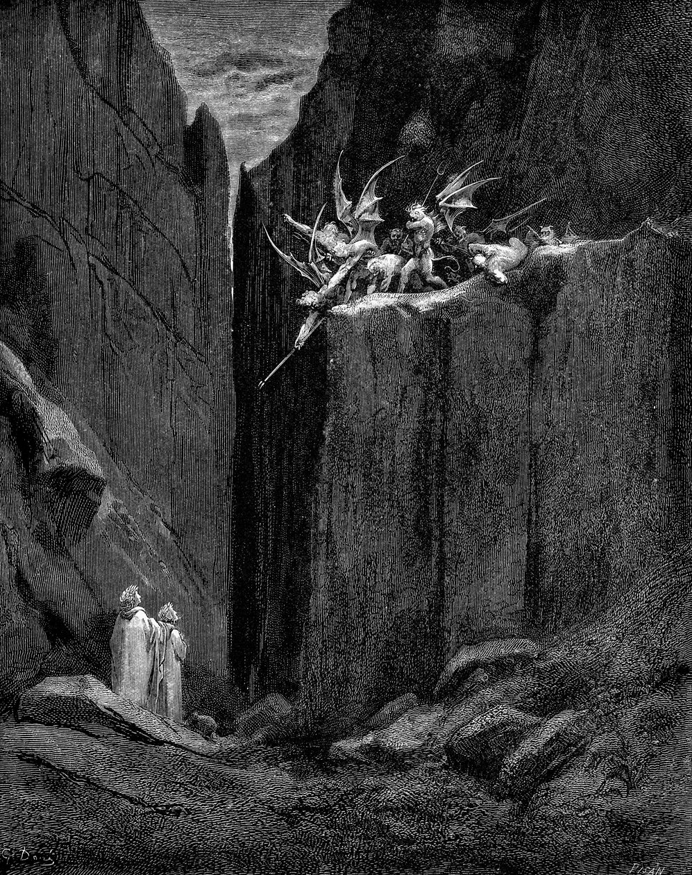 但丁在维吉尔的保护下免遭恶魔的伤害，1863年 作者 古斯塔夫·多尔（Gustave Dore）